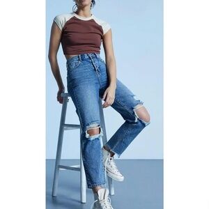 PACSUN Eco Medium Blue Distressed High Waisted Straight Leg Jeans Size 25
